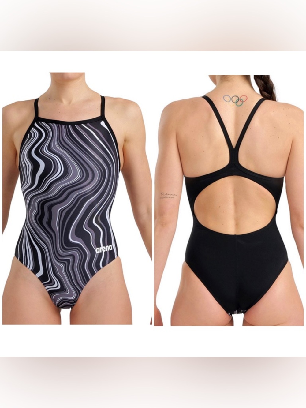 NEW Arena Women's Black Marbled Light Drop Back Swimsuit Size 30